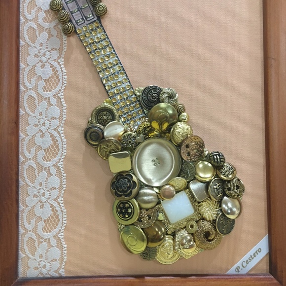 GUITAR Button Artwork on canvas, wall art, framed